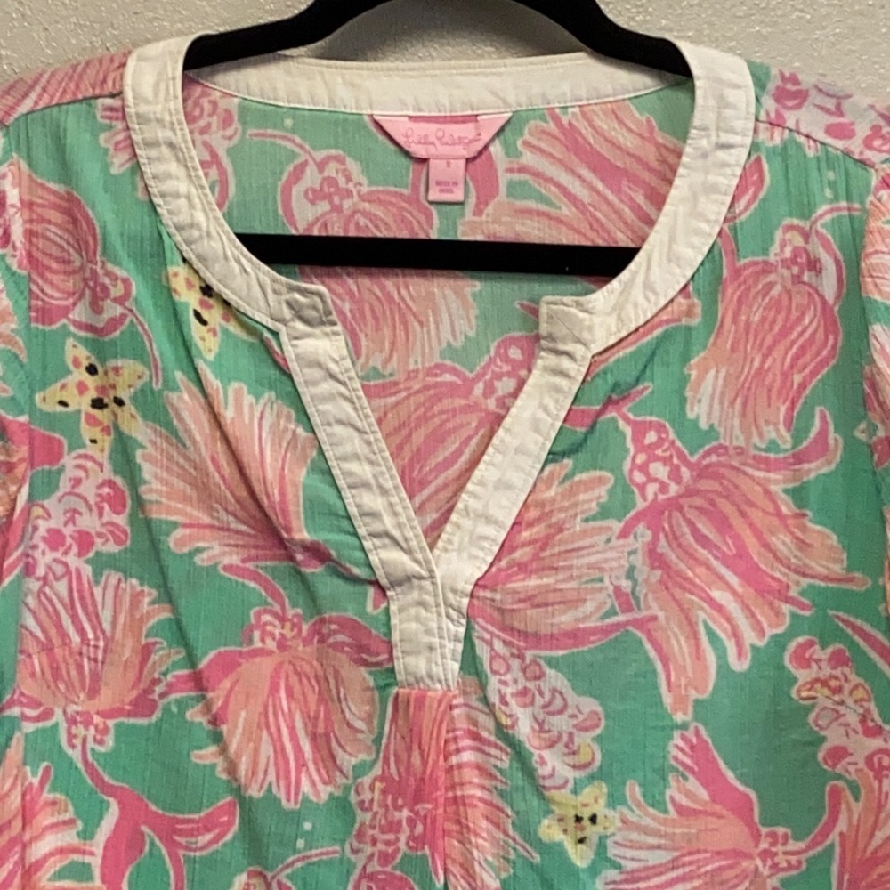Lilly Pulitzer 100% Cotton Pink Green Ripley Lagoon Preppy Coastal Tunic 4375 - Picture 3 of 11